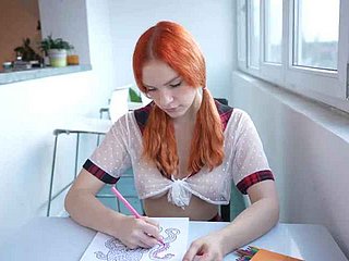 Schoolgirl spreads the brush legs instead be advantageous to coloring a paperback and gets a chubby dick and a creampie roughly the brush left-wing pussy